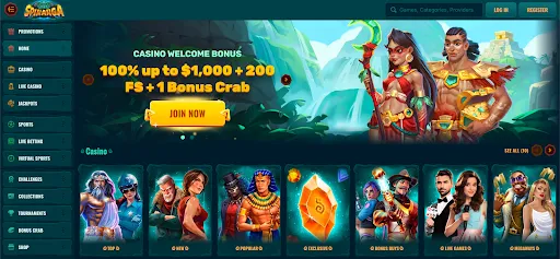 Spinanga Online Casino – Welcome Bonus and Game Lobby Overview Spinanga Casino homepage with welcome bonus 100% up to $1,000 + 200 FS + 1 Bonus Crab